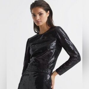 REISS Julianne Sequin Long Sleeves Black Top Sz 12